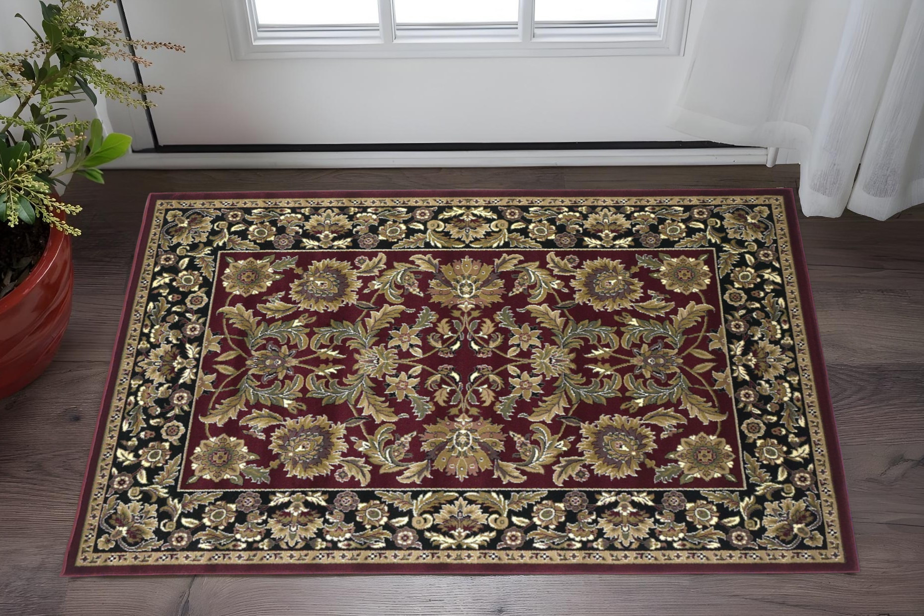 2' X 3' Red Black Machine Woven Floral Traditional Indoor Accent Rug-353173-1