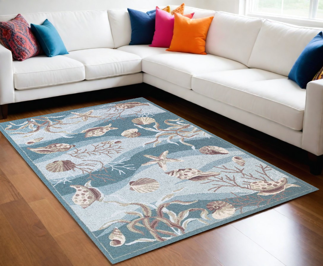 8' X 10' Blue Blue And Beige Seashell and Coral Hand Tufted Area Rug-375436-1