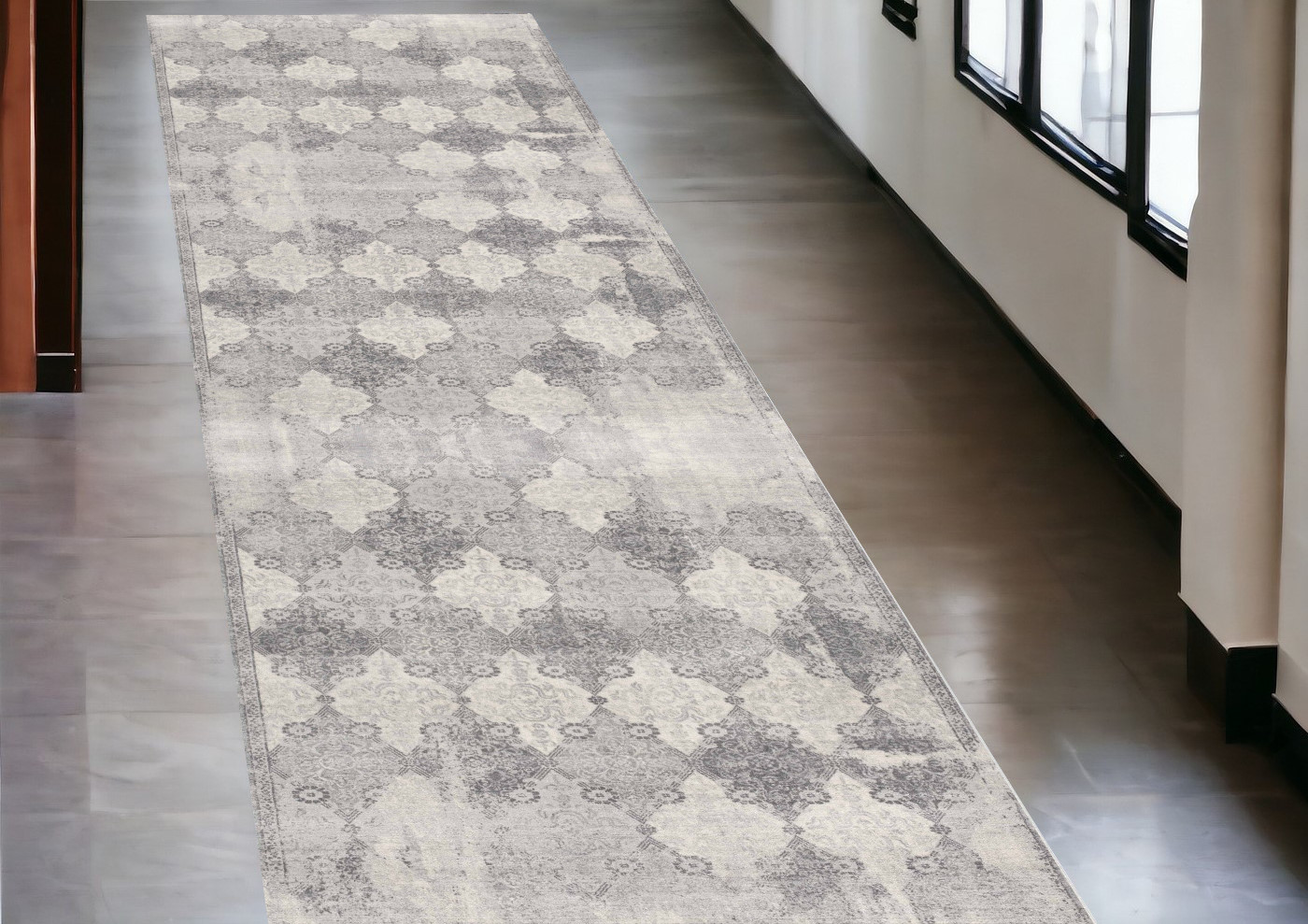 2' X 10' Gray Distressed Trellis Pattern Runner Rug-390197-1