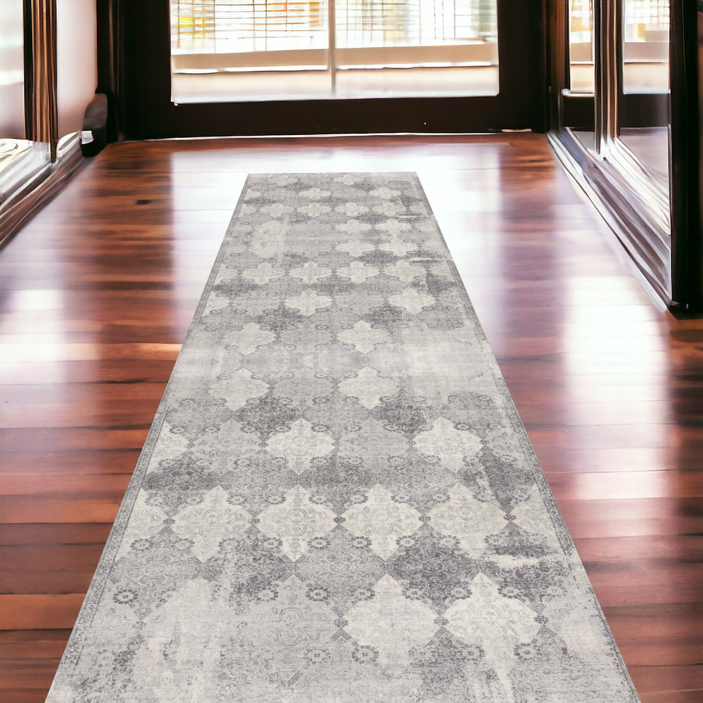 2' X 13' Gray Distressed Trellis Pattern Runner Rug-390199-1
