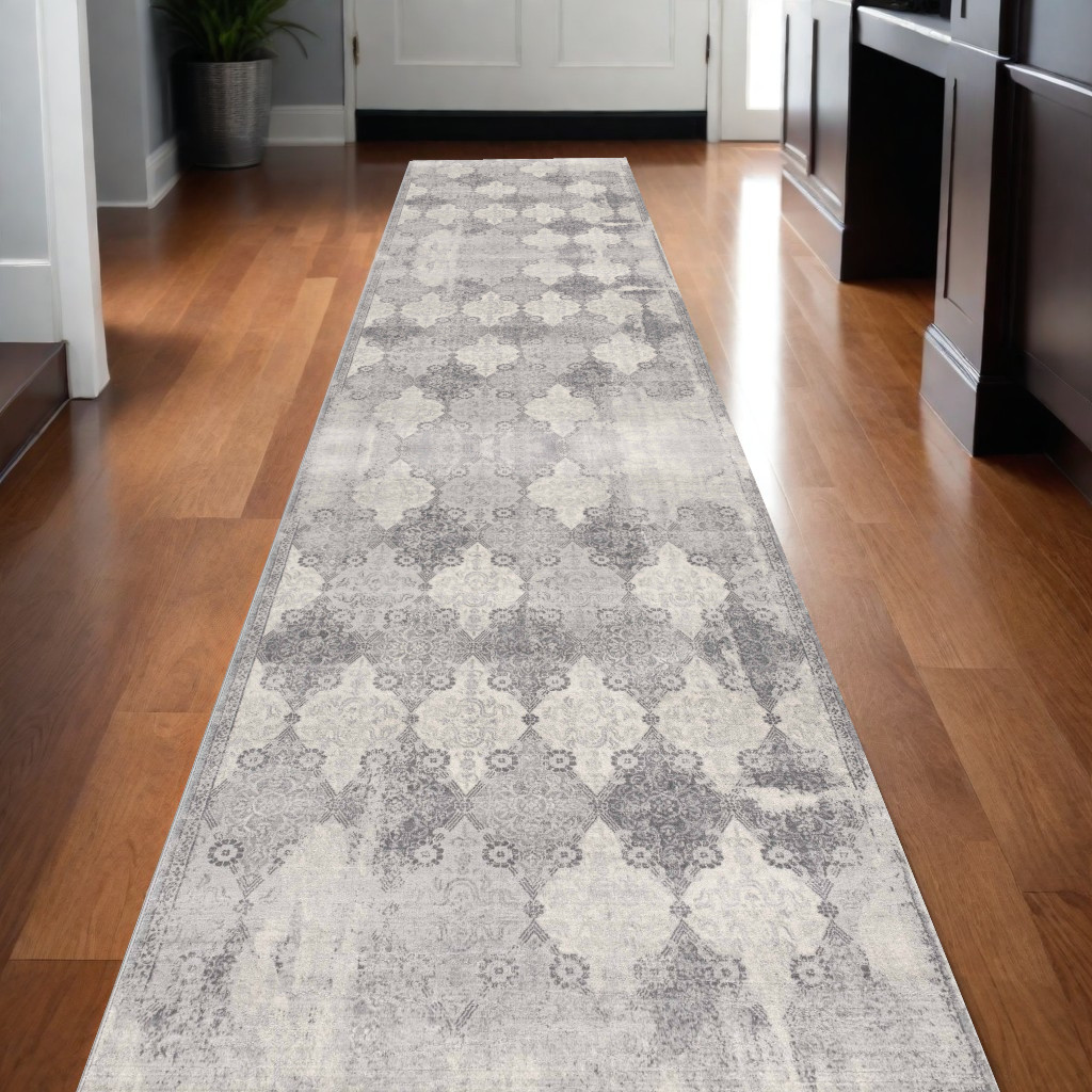 2' X 20' Gray Distressed Trellis Pattern Runner Rug-390202-1
