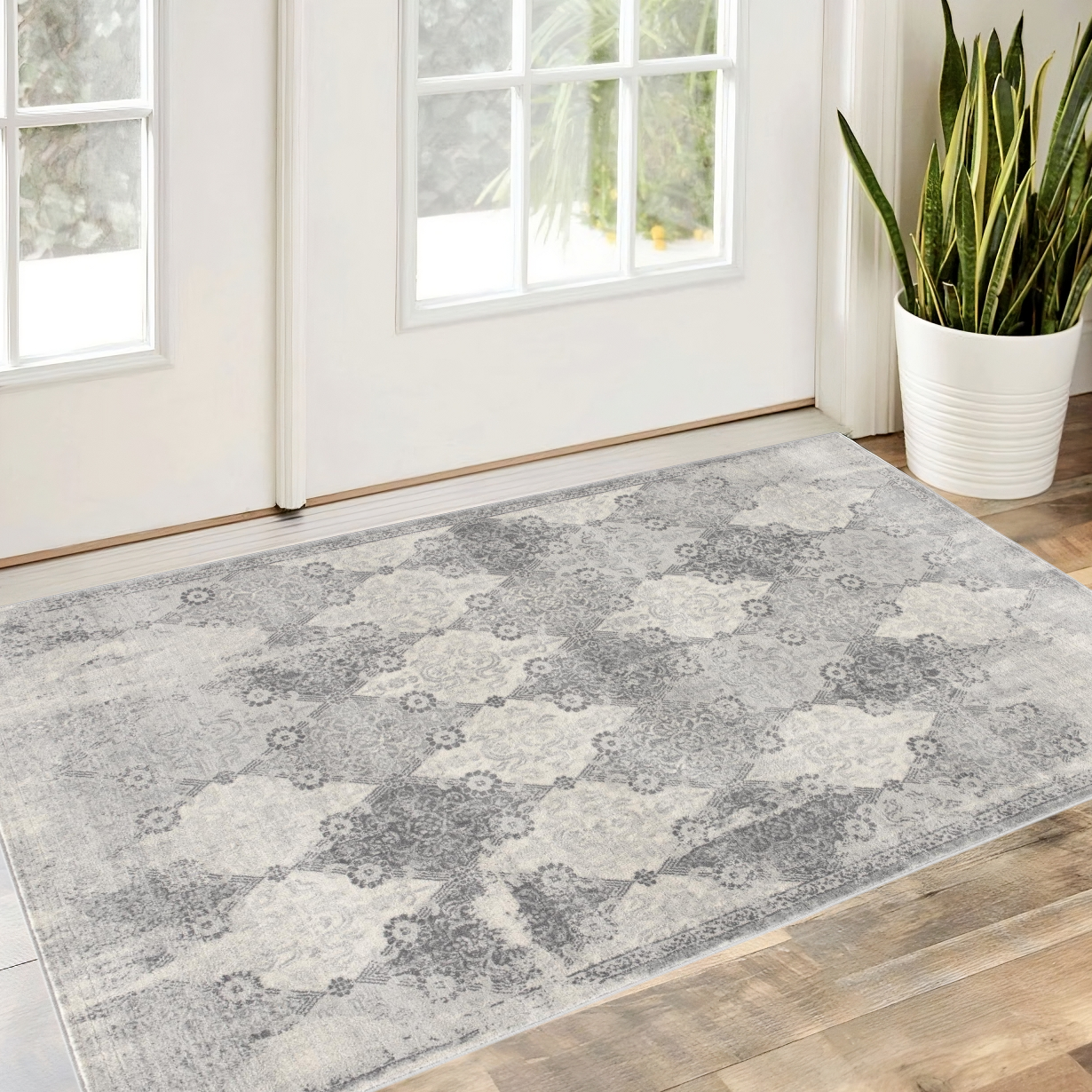 2' X 3' Gray Distressed Trellis Pattern Scatter Rug-390204-1