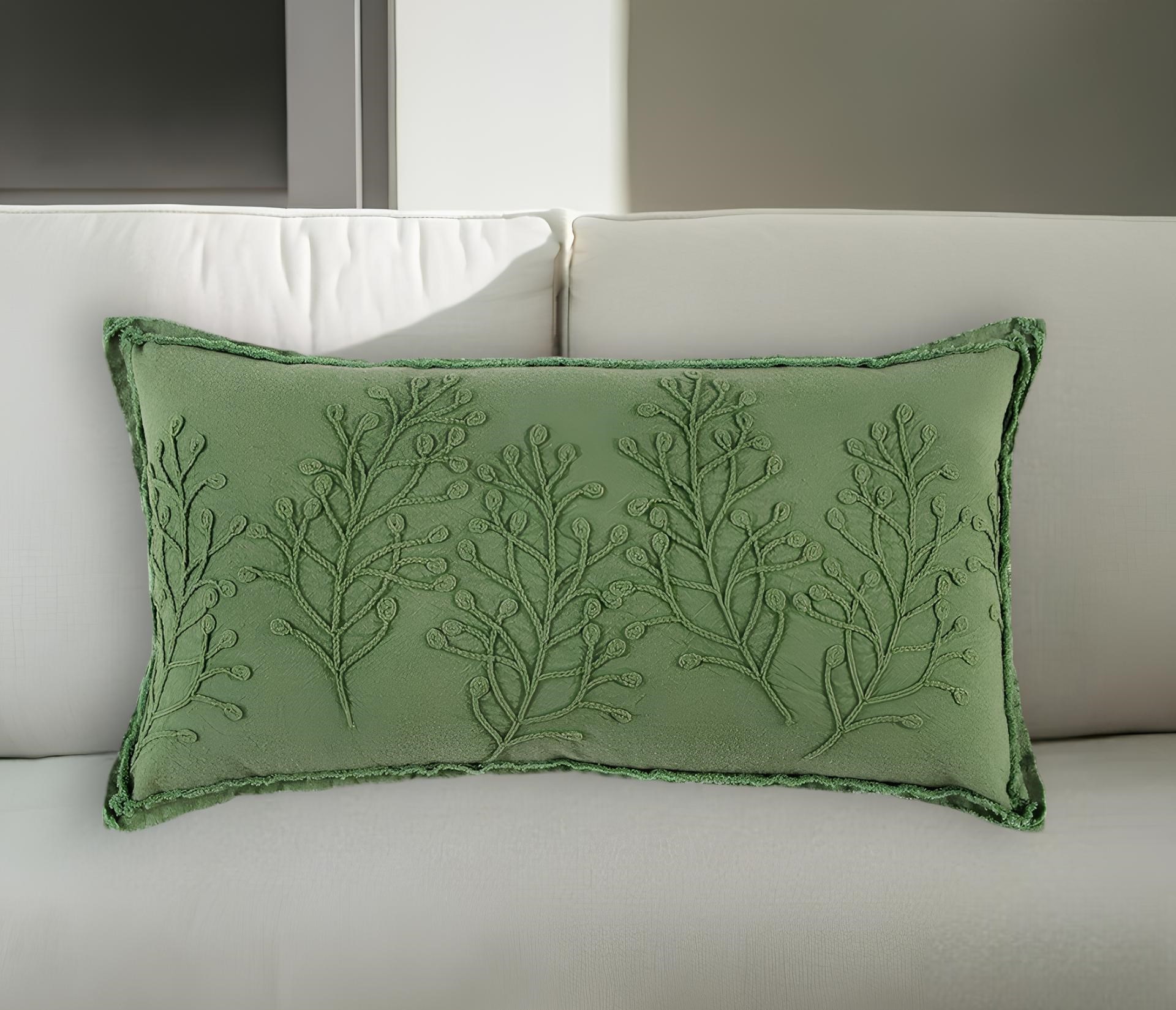 14" X 26" Green Tone on Tone Botanical Throw Pillow With Embroidery-403484-1