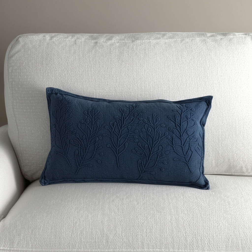 14" x 26" Navy Botanical Pattern Embroidered Lumbar Pillow-403485-1