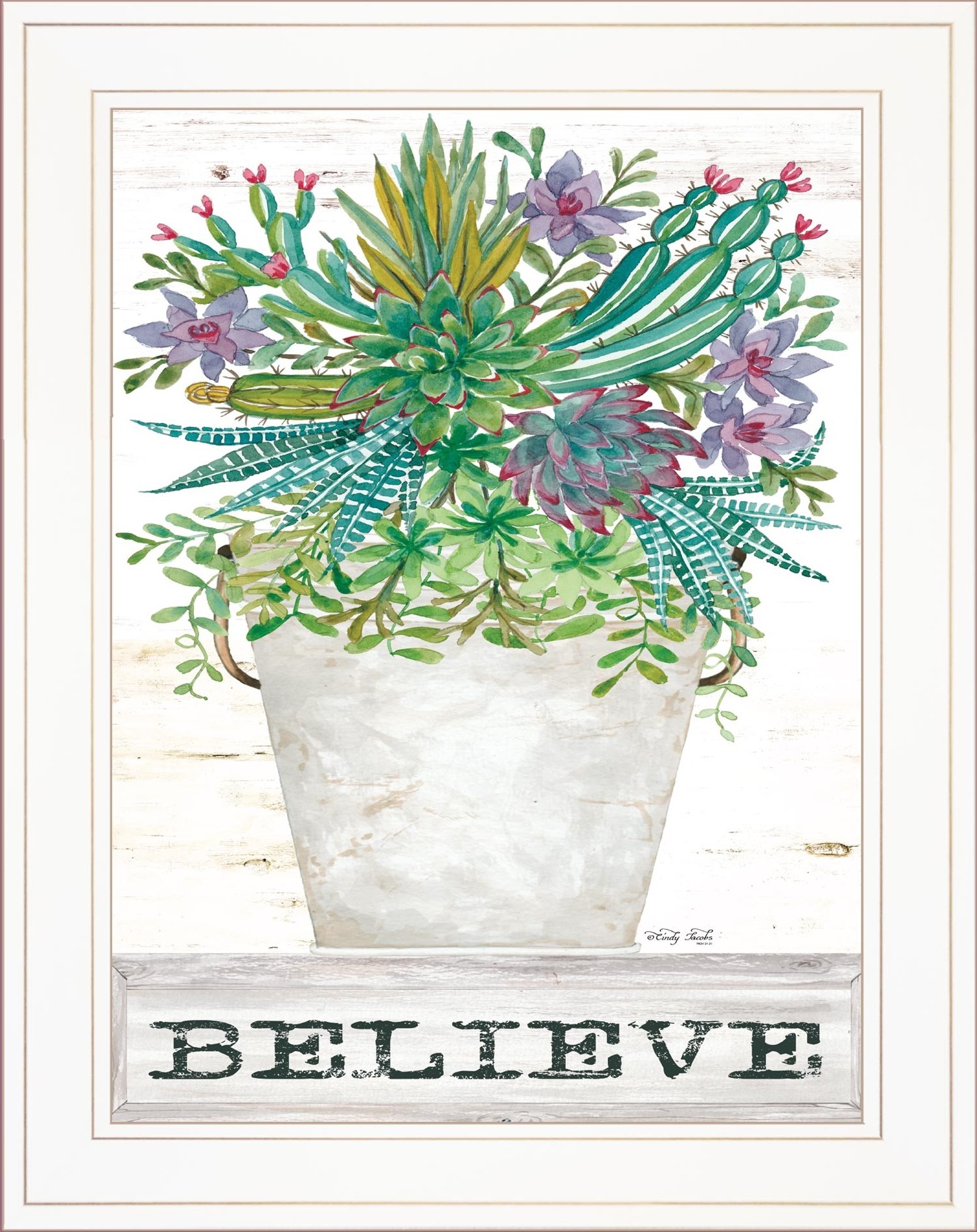 Believe Succulents White Framed Print Wall Art-407581-1