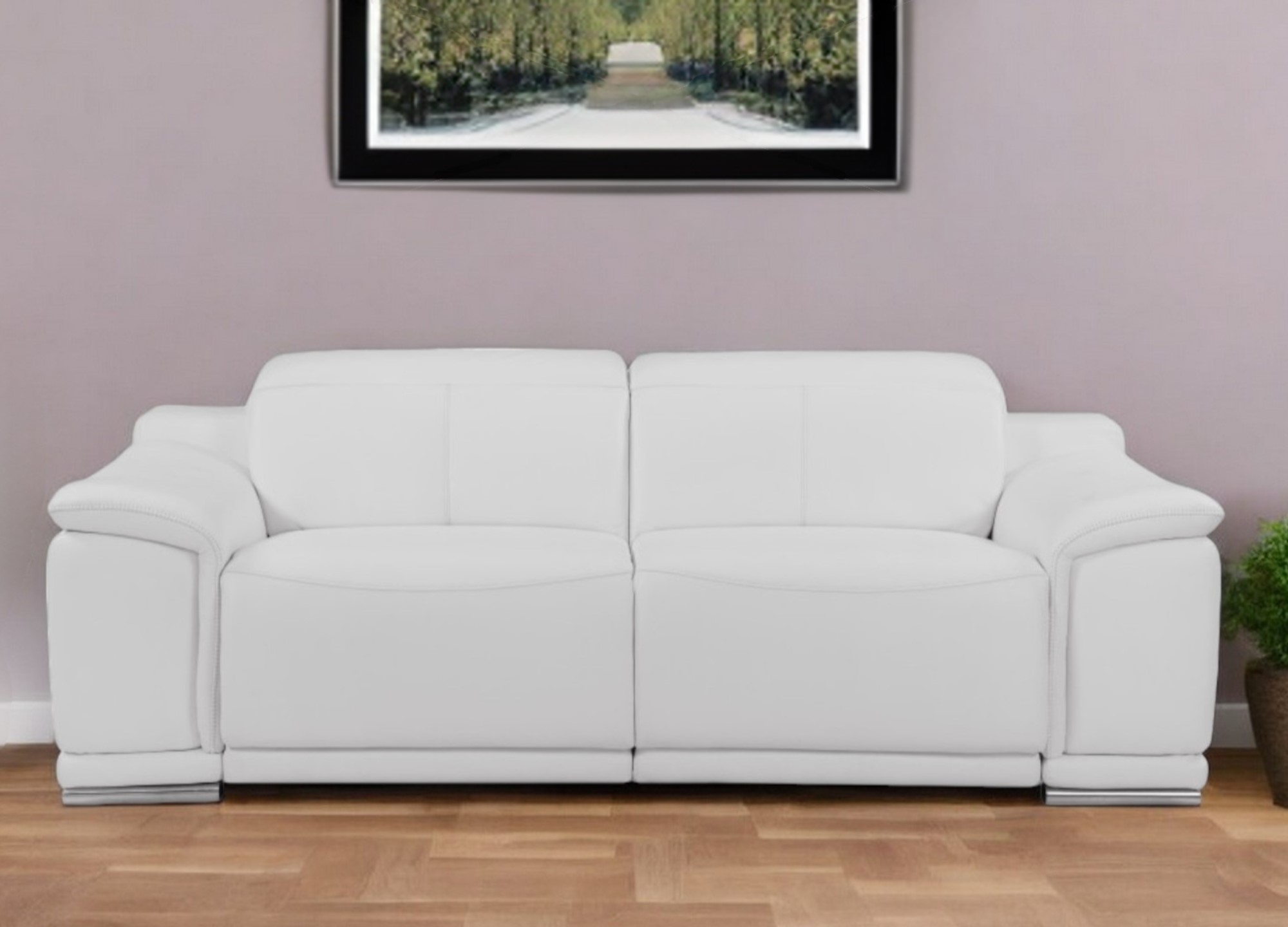 86" White Italian Leather USB Reclining Sofa With Silver Legs-476525-1