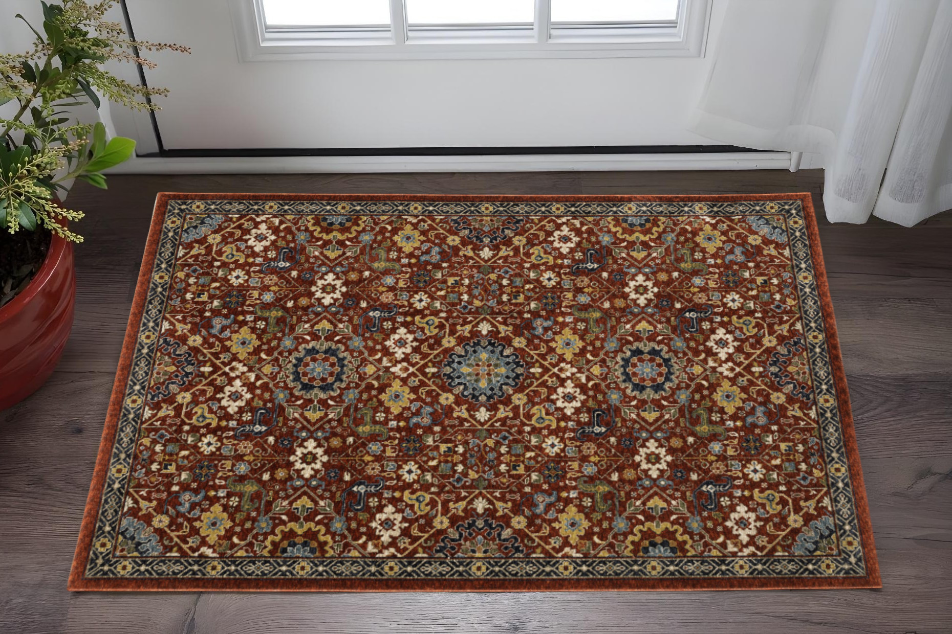 2' X 3' Red Blue Gold And Ivory Oriental Power Loom Stain Resistant Area Rug With Fringe-507976-1
