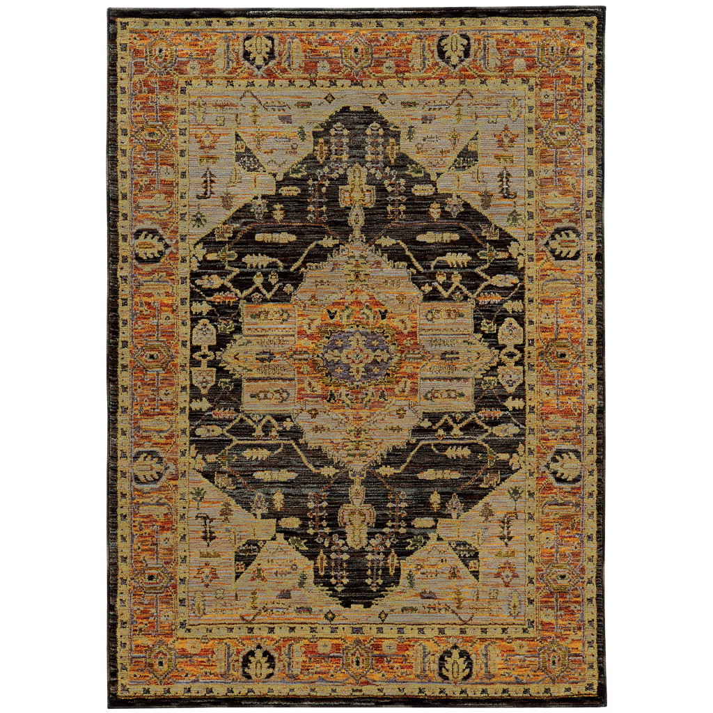 9' X 12' Black and Gold Oriental Power Loom Area Rug-510130-2