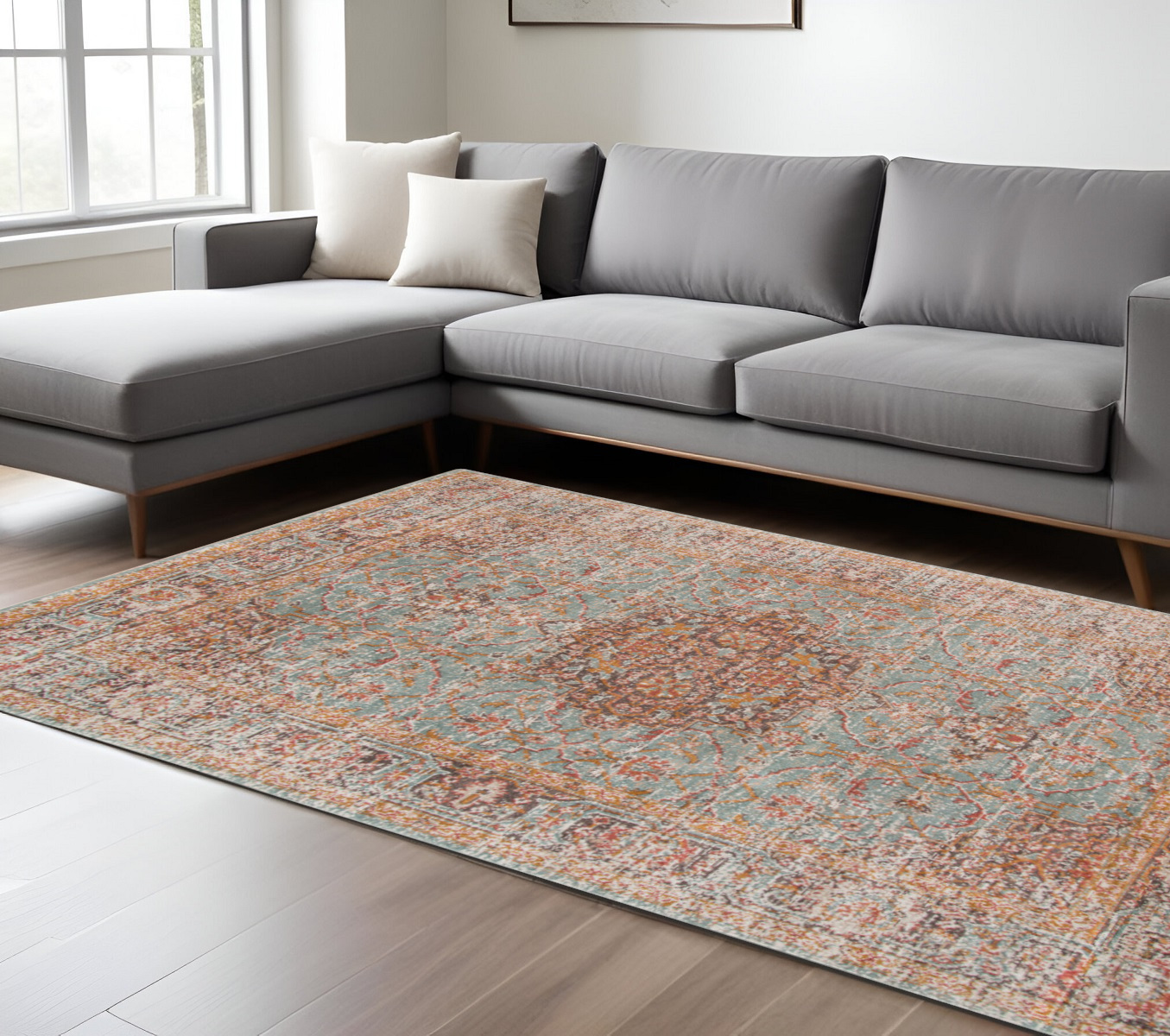 10' X 14' Teal Red And Orange Medallion Area Rug-532134-1