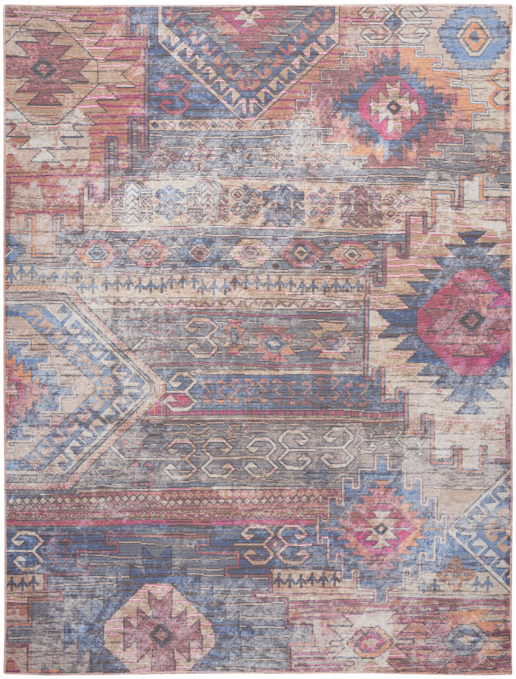 8' X 10' Blue and Red Geometric Power Loom Distressed Washable Area Rug-533143-1