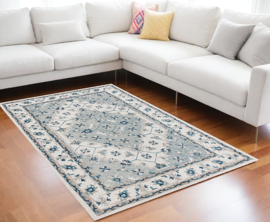 8' X 10' Blue and Ivory Wool Floral Hand Tufted Area Rug-550030-1