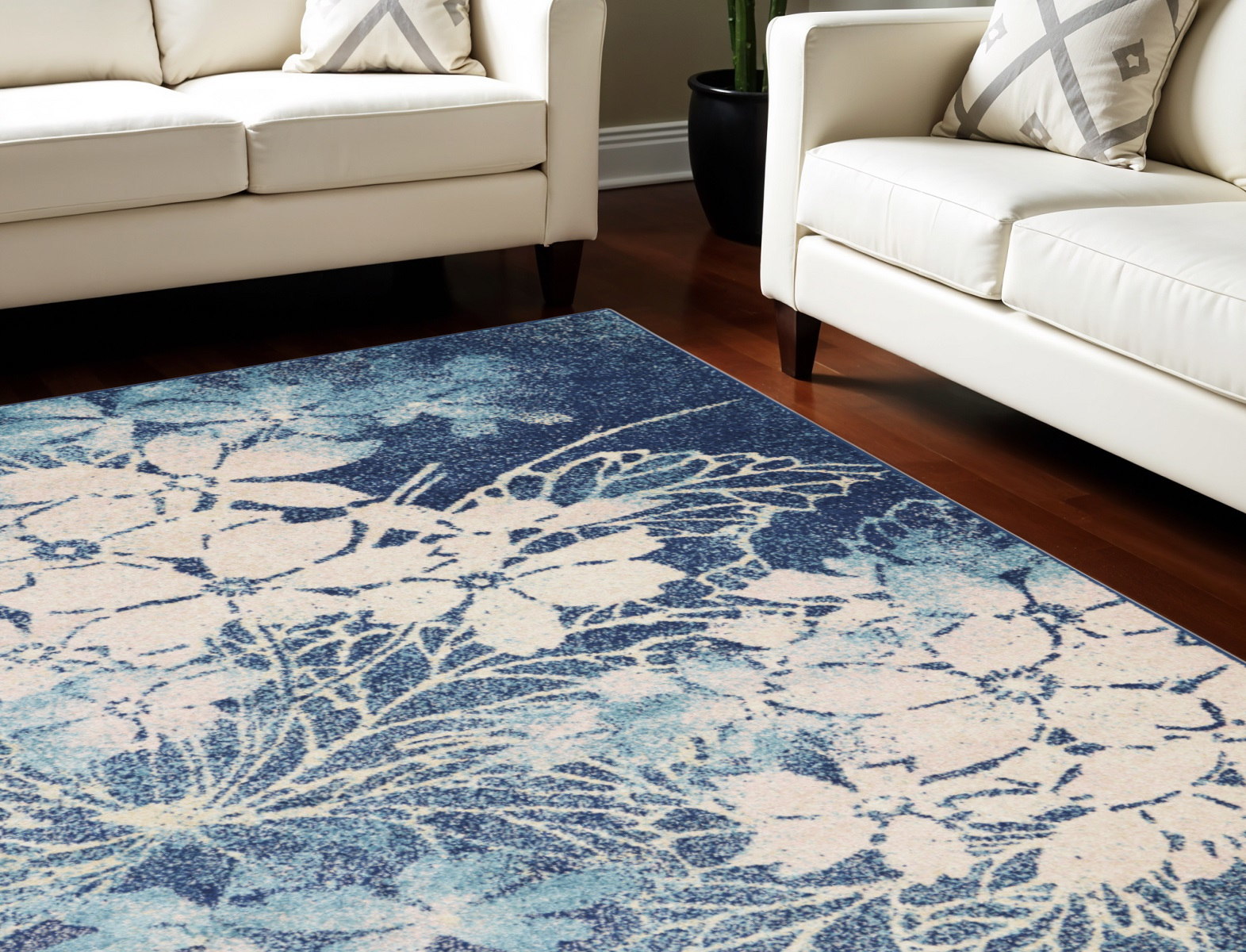 6' X 9' Navy Blue and Ivory Floral Area Rug-550991-1