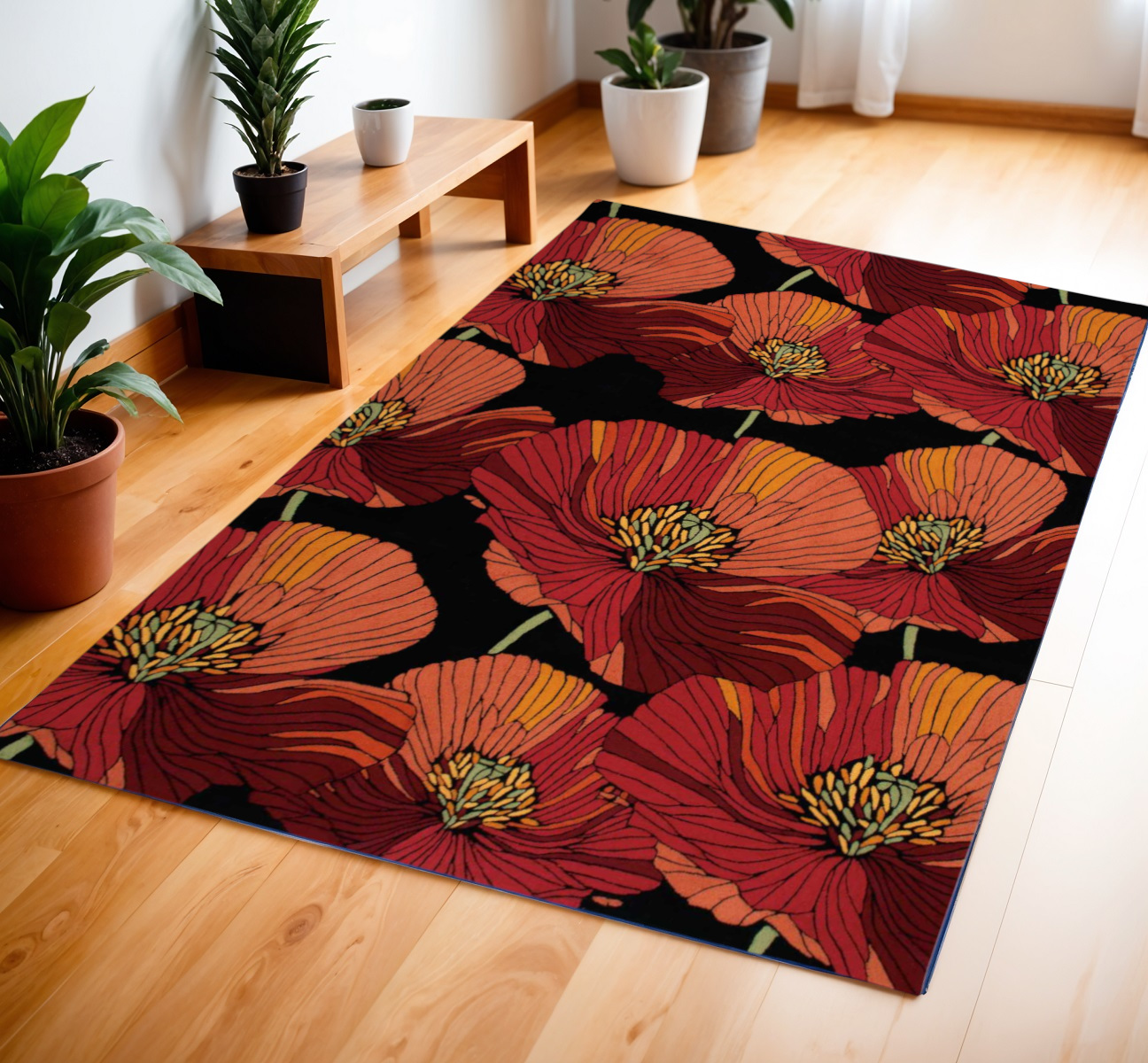 4' X 6' Black and Red Floral Hand Hooked Area Rug-552630-1