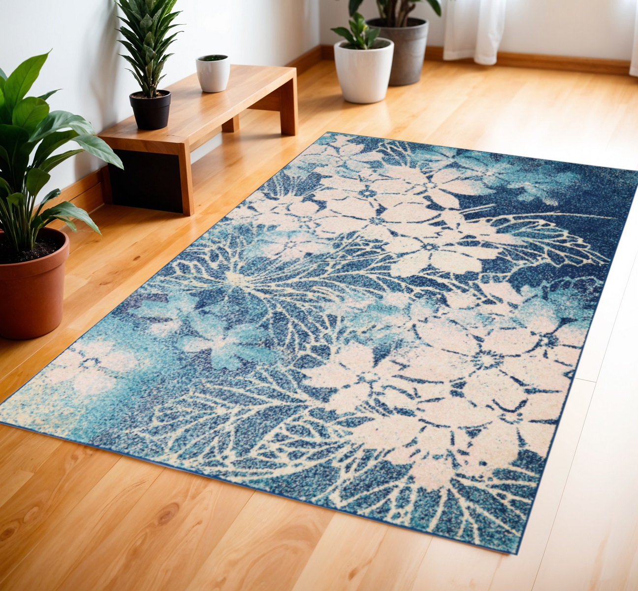 4' X 6' Navy Blue and Ivory Floral Area Rug-553262-1