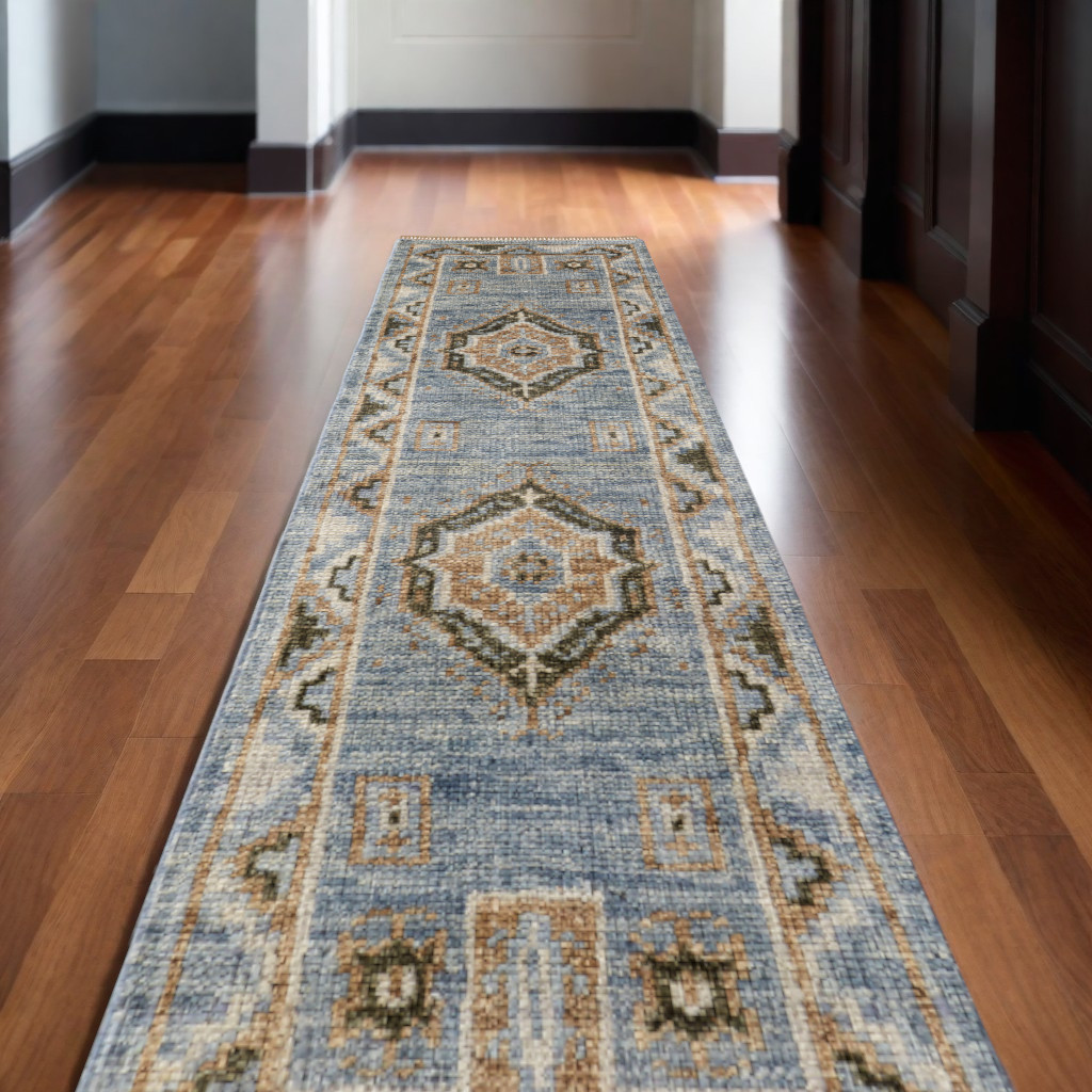 10' Ivory Tan and Blue Wool Oriental Hand Knotted Runner Rug With Fringe-567045-1