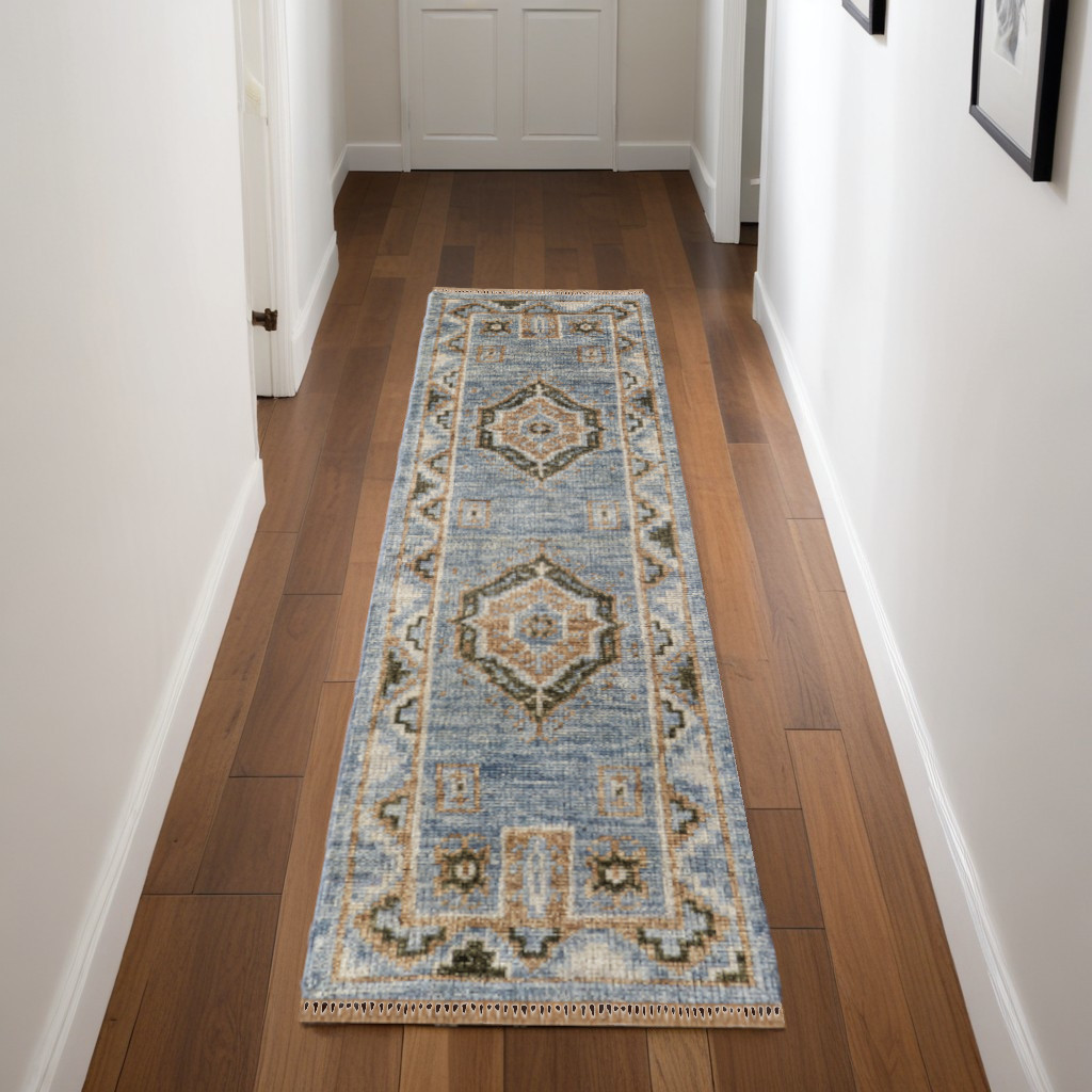 8' Ivory Tan and Blue Wool Oriental Hand Knotted Runner Rug With Fringe-567048-1