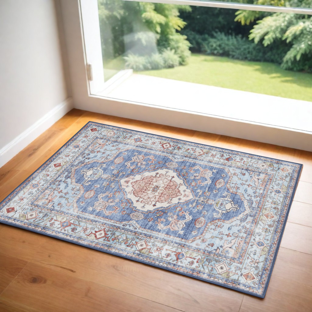 2' X 3' Ivory Red and Blue Oriental Distressed Non Skid Area Rug-573888-1