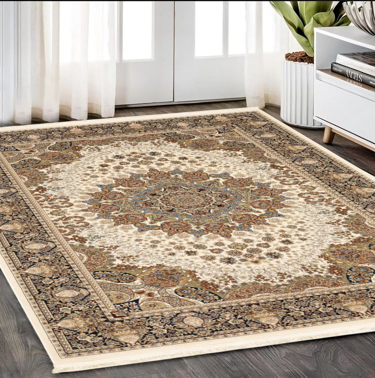 5' X 8' Ivory Black And Tan Medallion Area Rug With Fringe-574564-1
