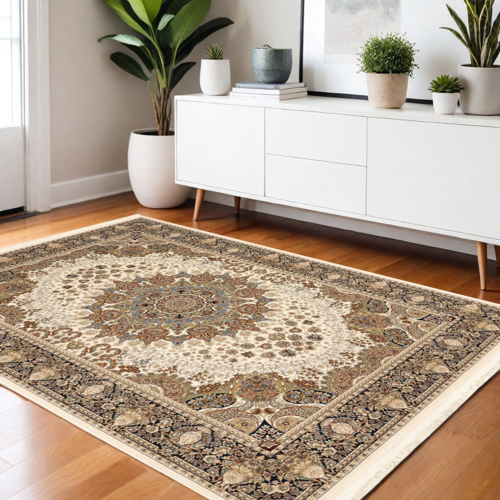 4' X 5' Ivory Black And Tan Medallion Area Rug With Fringe-574566-1