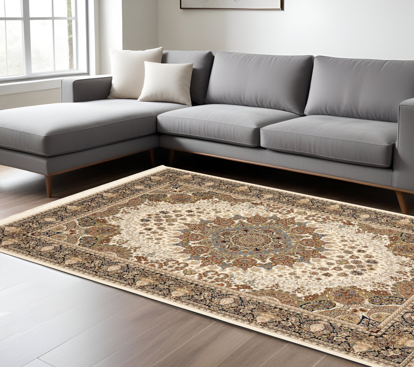 7' X 10' Ivory Black And Tan Medallion Area Rug With Fringe-574567-1
