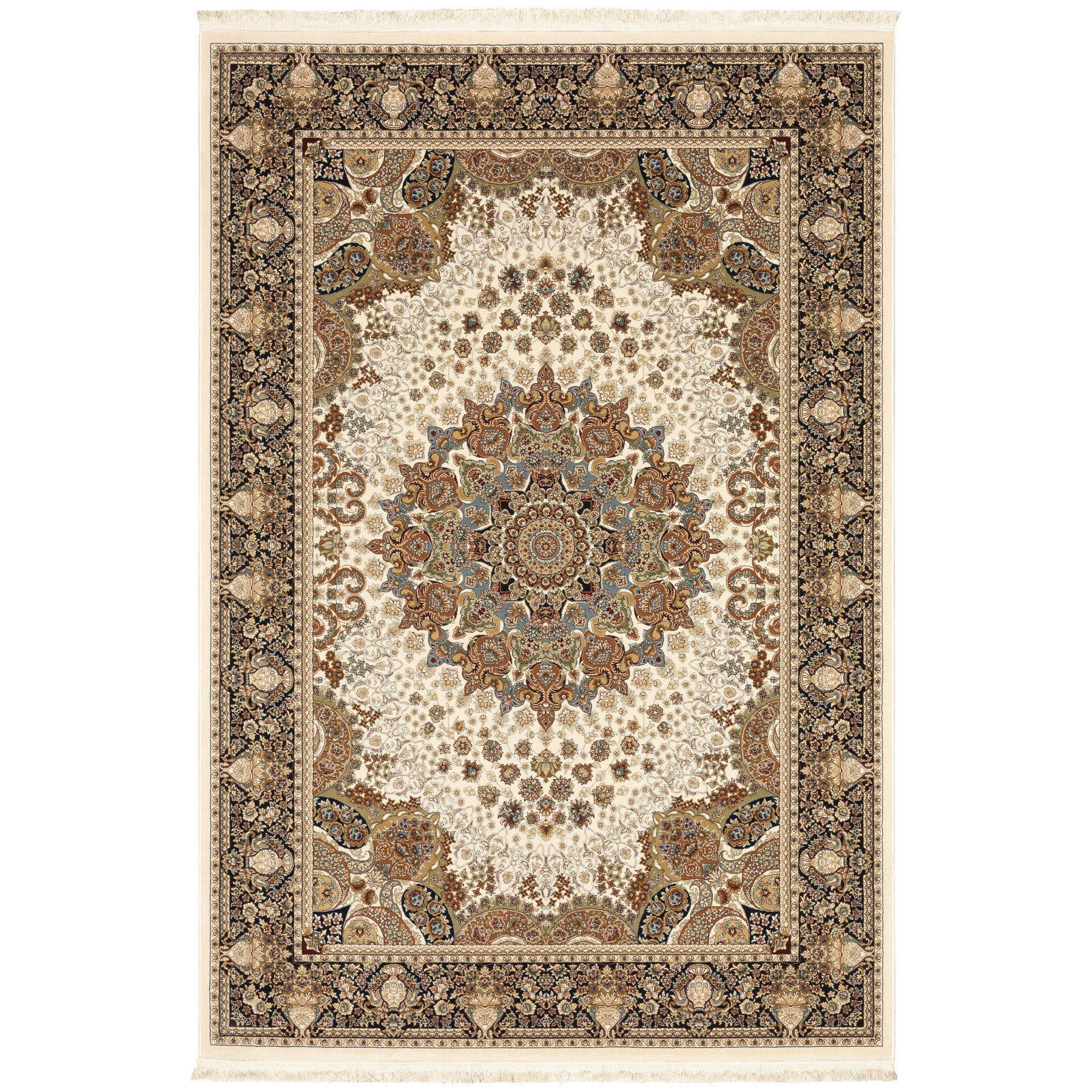 8' X 11' Ivory Black And Tan Medallion Area Rug With Fringe-574568-1