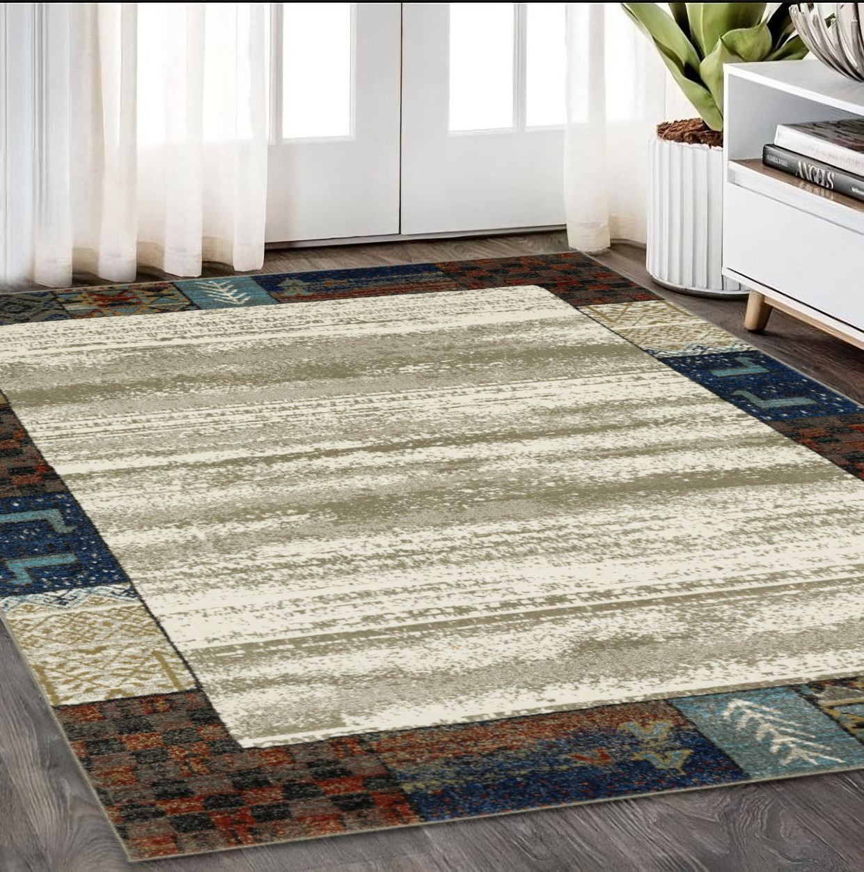 5' X 7' Ivory Tan And Blue Patchwork Area Rug-574675-1