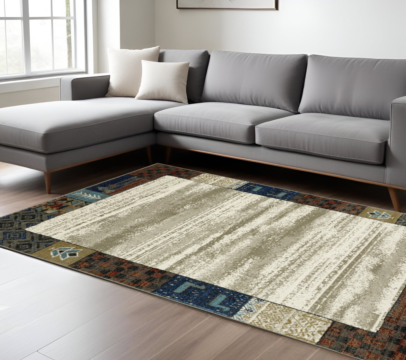 10' X 13' Ivory Tan And Blue Patchwork Area Rug-574676-1