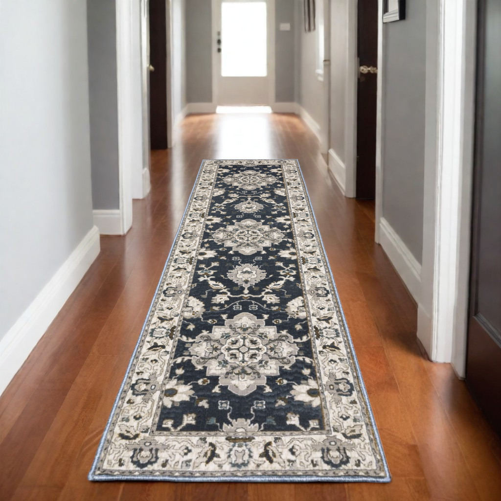 8' Blue Oriental Runner Rug-575434-1