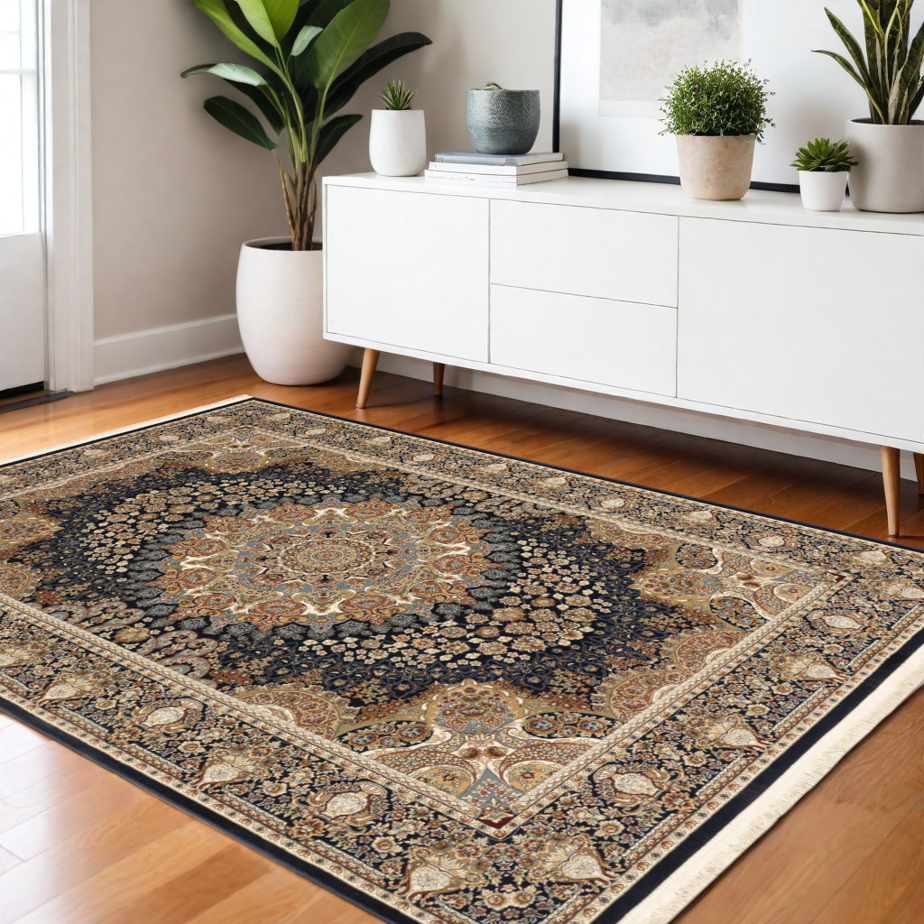 4' X 6' Navy Blue Black And Tan Medallion Area Rug With Fringe-575517-1