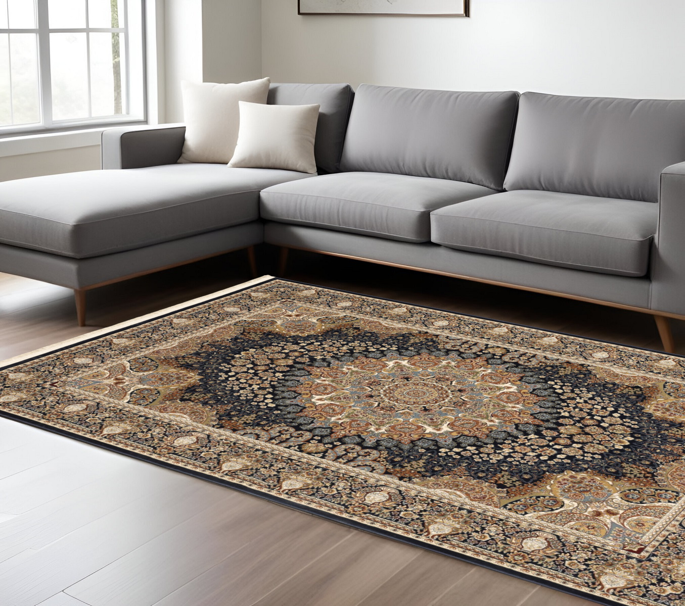 7' X 10' Navy Blue Tan And Black Medallion Area Rug With Fringe-575985-1