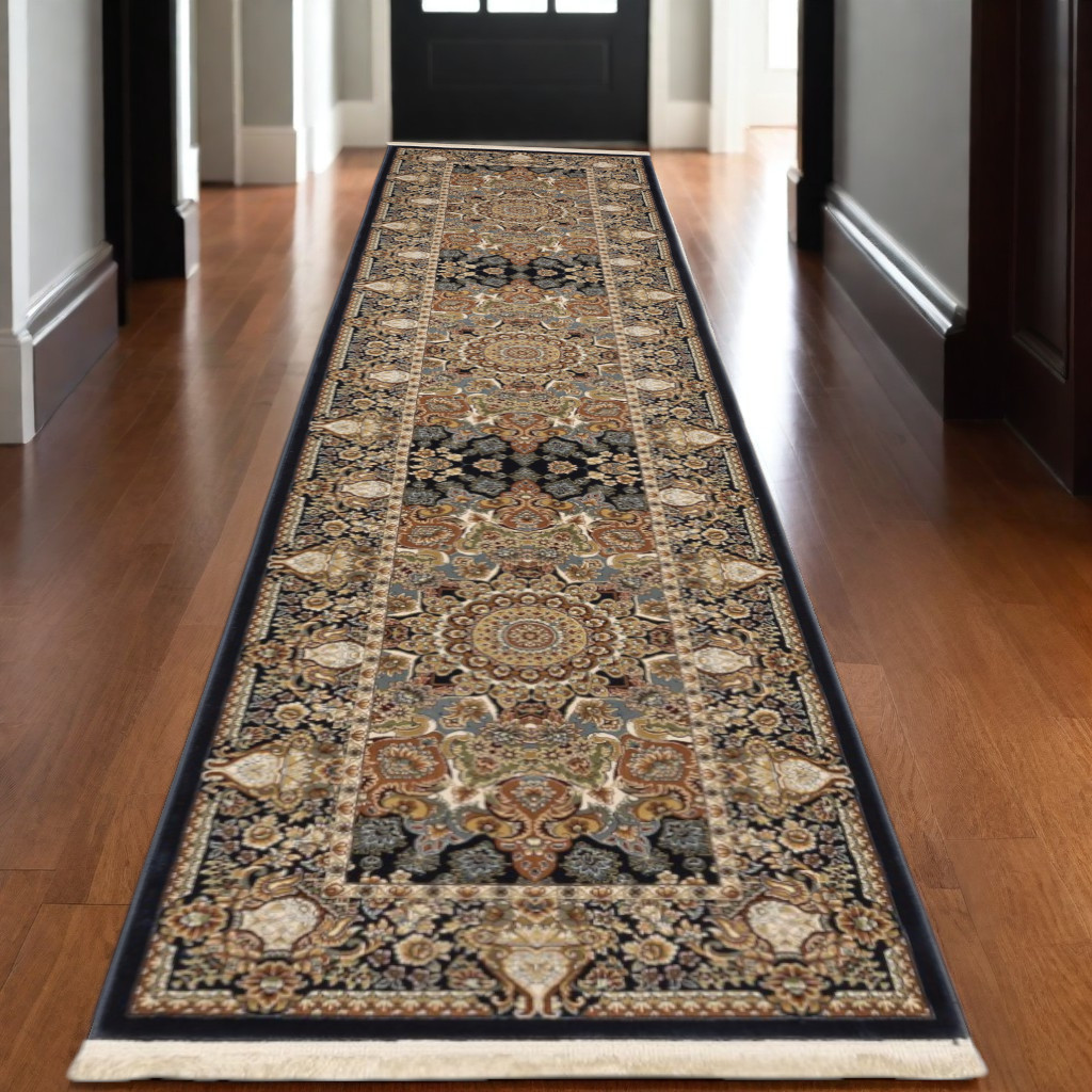 10' Navy Blue Light Brown And Ivory Medallion Runner Rug With Fringe-576078-1