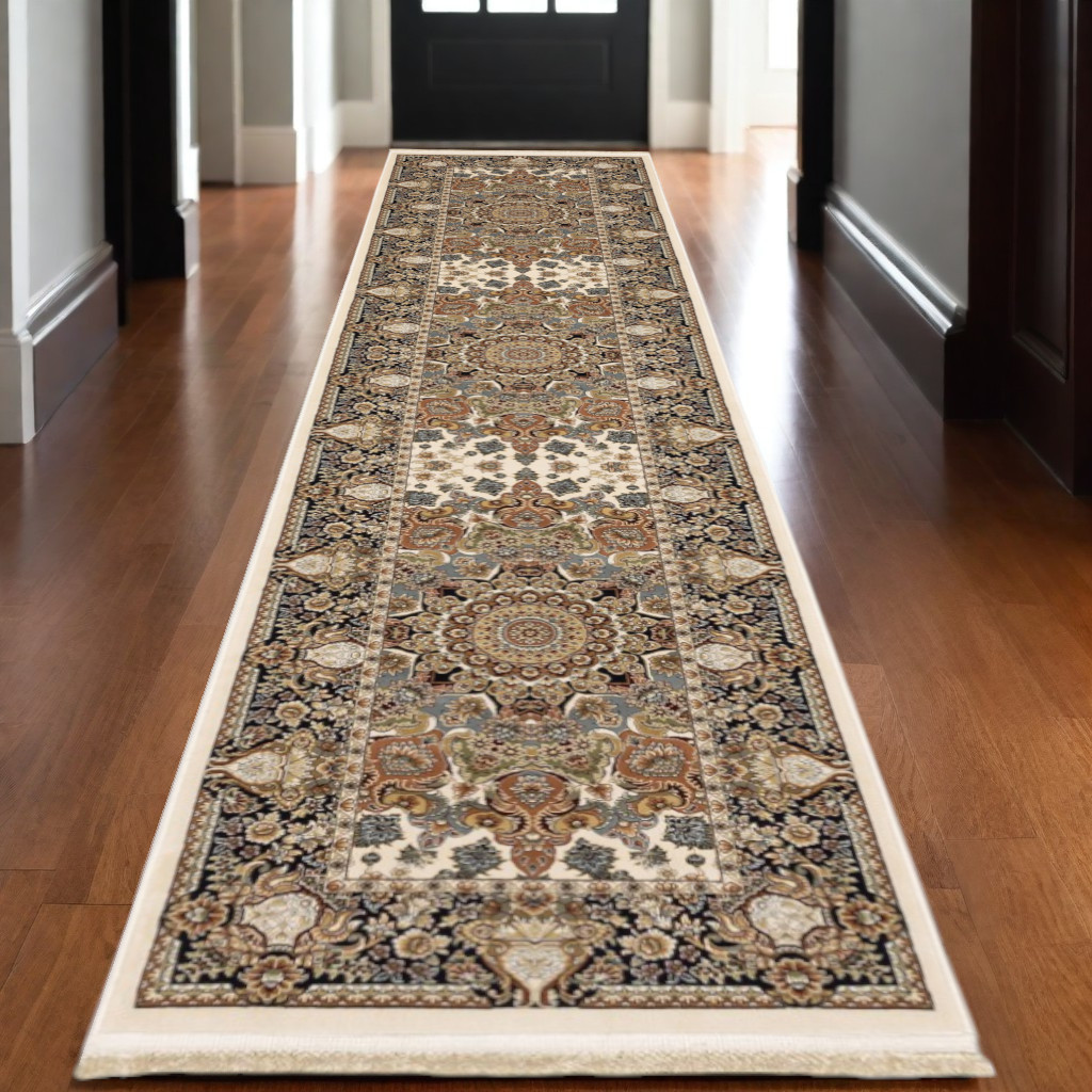 10' Ivory Brown And Black Medallion Runner Rug With Fringe-576080-1