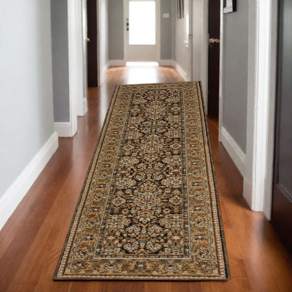 8' Brown And Gold Oriental Runner Rug-576122-1