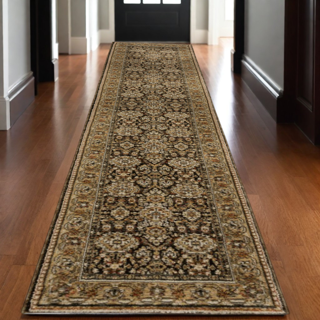 12' Brown And Gold Oriental Runner Rug-576260-1