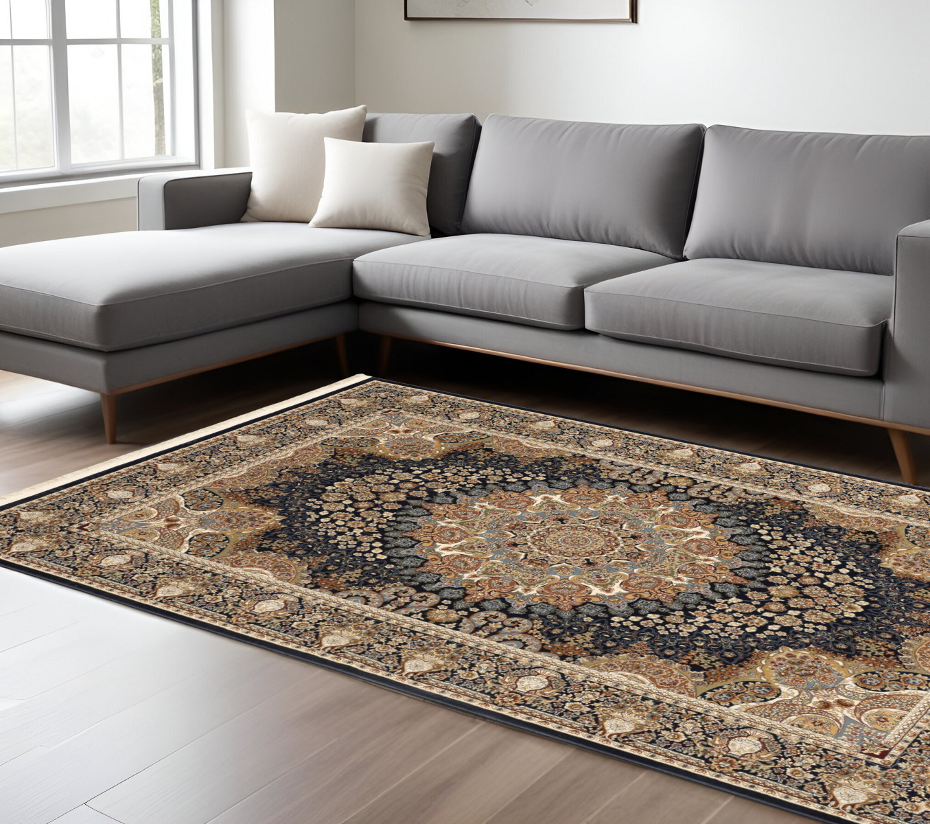 10' X 13' Navy Blue Tan And Ivory Medallion Area Rug With Fringe-576380-1